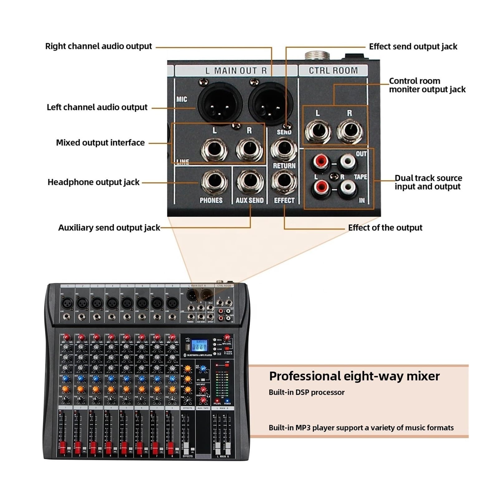 Mezclador de audio, Controlador DJ Mezclador Mesa de mezclas sonido Tarjeta profesional PC Consolas digitales Interfaz Consola Equipo 8 canales Para karaoke en estudio