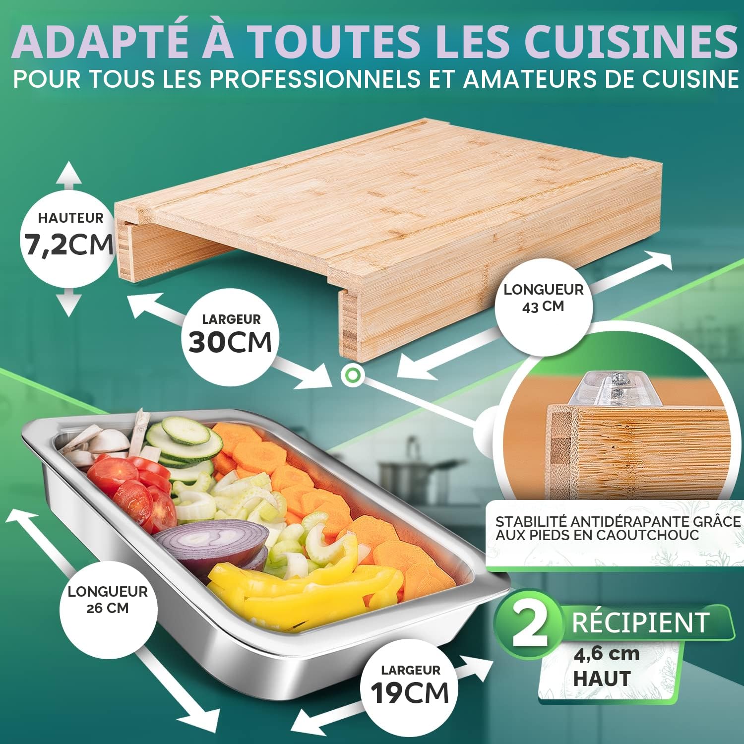 Loco Bird Planche a Decouper avec Bac Recuperateur – XXL Bambou 43x30cm 2 Bacs Inox – Grande Planche à Découper Bois – Rainures Jus – Pieds Antidérapants