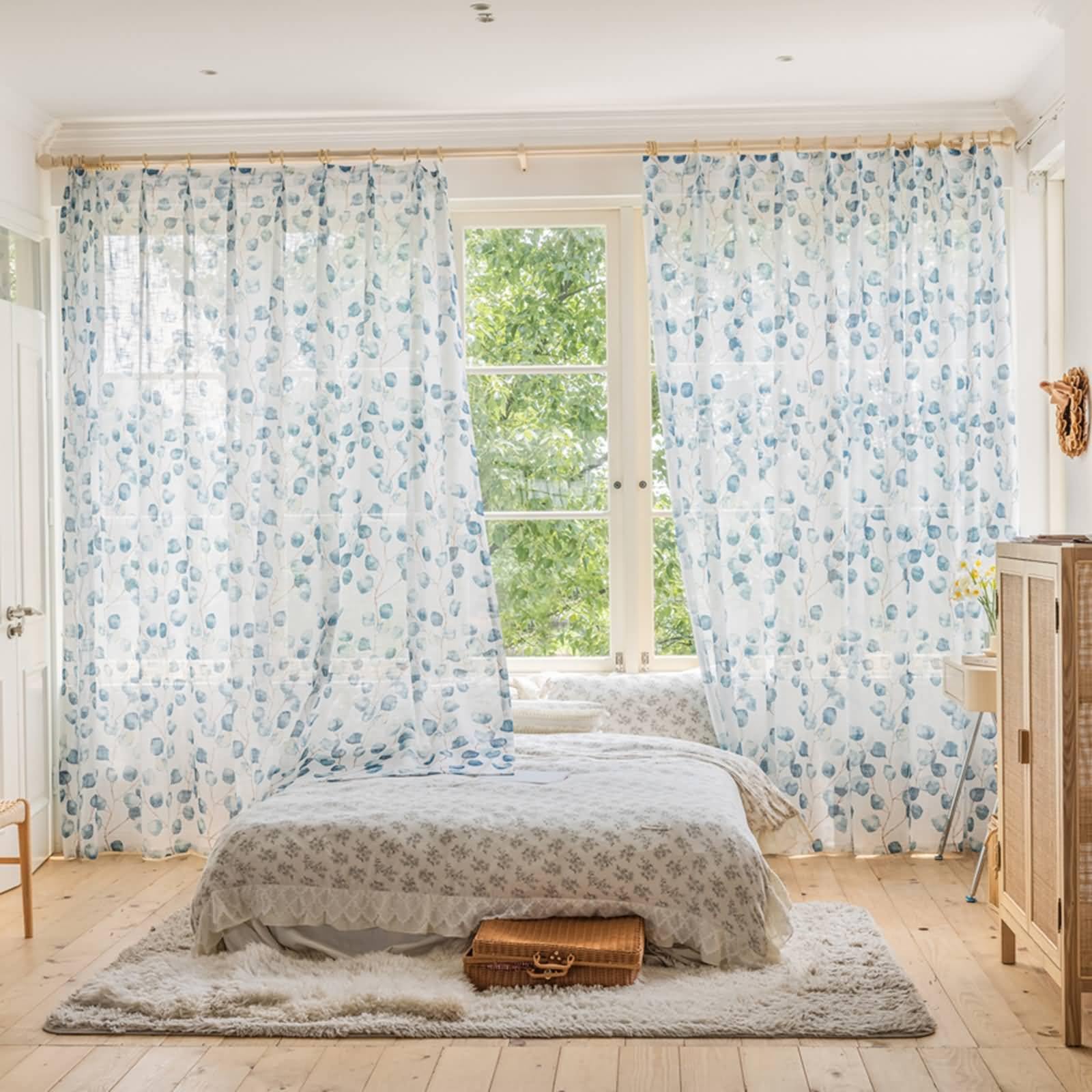 Epinki Vorhänge 2er Set, Voile Gardinen Trnsparent Blatt Zweigstelle Muster Blau Voile Gardinen aus Polyester Haken Fensterschal für Wohnzimmer H244 x B137 cm