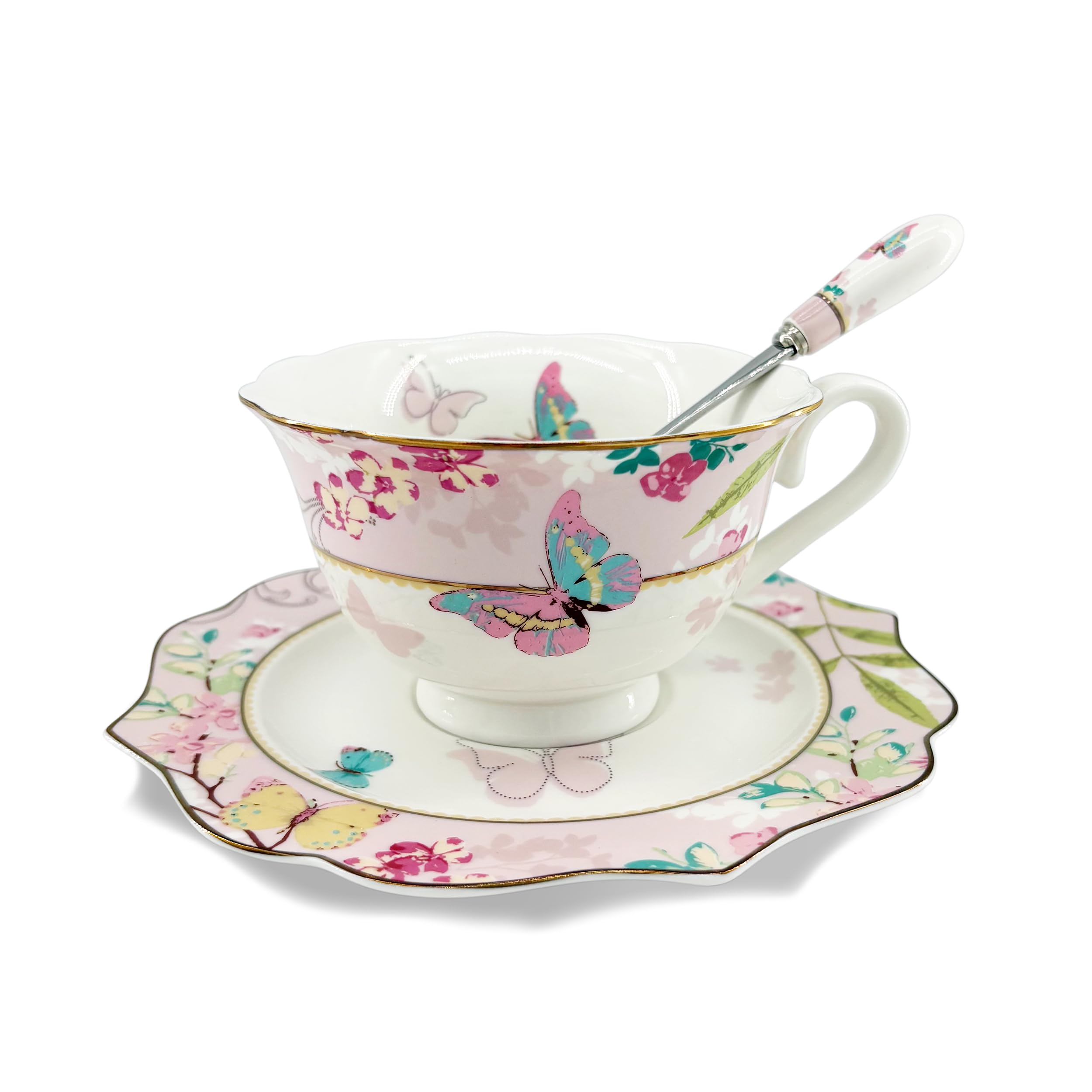 Vintage Ceramic Teacup, Elegant Coffee Cup with Spoon and Saucer Set, Royal Bone China Tea Cups (Pink)
