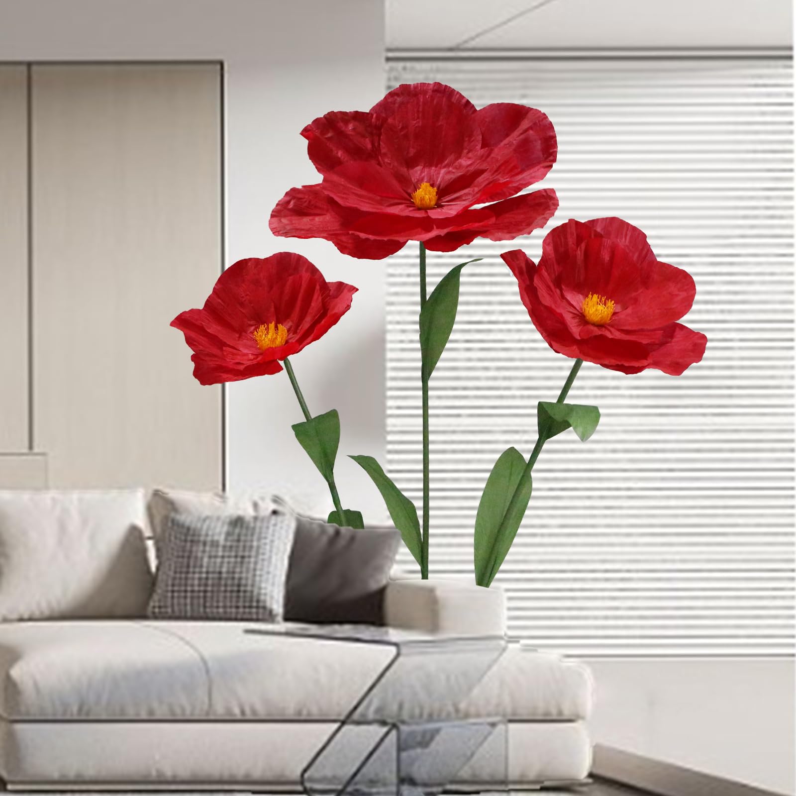 Flores artificiales de papel grandes de 5.9 pies, flores gigantes para decoración, enormes flores de amapola hechas a mano para jardín, hotel, oficina, accesorios de fotografía, boda, galería de arte,