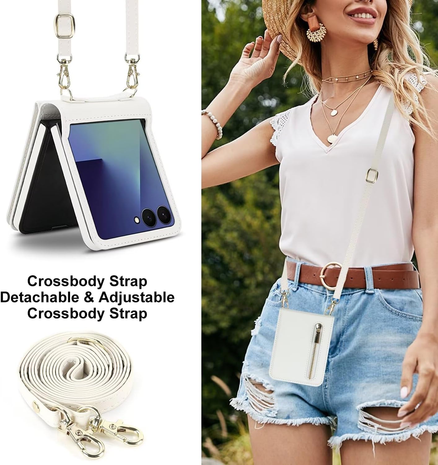 Phone Case for Samsung Galaxy Z Flip 7, Crossbody Wallet Phone Cover with Card Holders Cash Slot Kickstand Wristlet Strap, Fashion Leather Handbag Flip 7 Phone Case for Women Girls White
