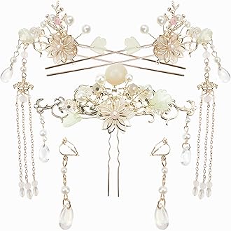 Traditional Chinese Hair Accessories Set, 5 Piece Floral Hair Pins with Tassels, Pearl Crystal Rhinestone Hair Sticks, Wedding Hanfu Style