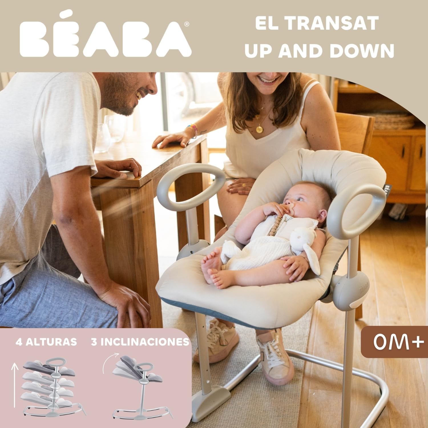 BÉABA, Hamaca Up & Down IV, Regulable en Altura, Unisex para Bebé y Niños, 3 Posiciones de Inclinación, Arnés de Seguridad 5 Puntos, Reductor de Nacimiento, Arcilla