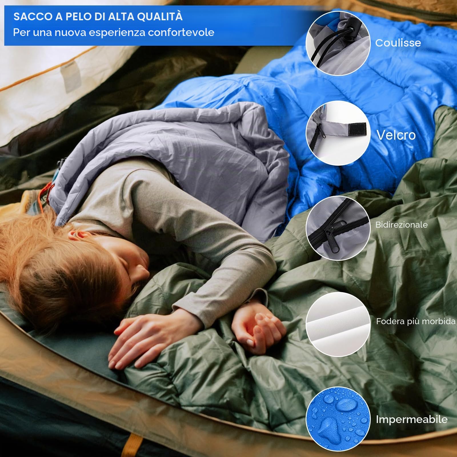 Sacco a Pelo, 220 x 85 cm Sacchi a Pelo Invernale per Adulti e Bambini, Impermeabile Sacchi a Pelo Ultraleggero Compatto per Campeggio Trekking, Escursioni, attività all'Aria Aperta