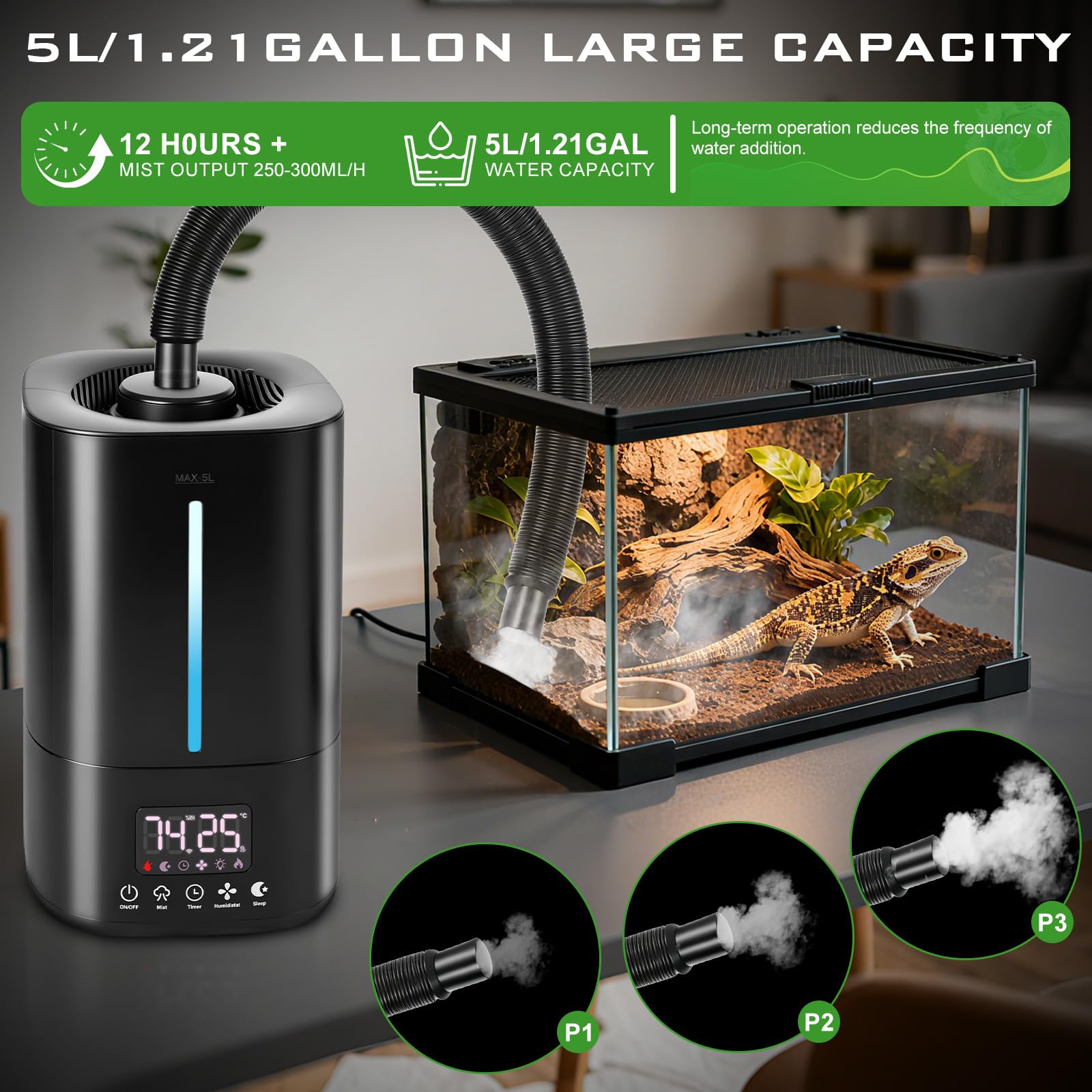 Reptilien Luftbefeuchter, 5L Terrarium Vernebler mit Timer & Externer Feuchtigkeitssensor, Smart Humidifier Pflanzen für Schlangen, Chamäleons, Schildkröten