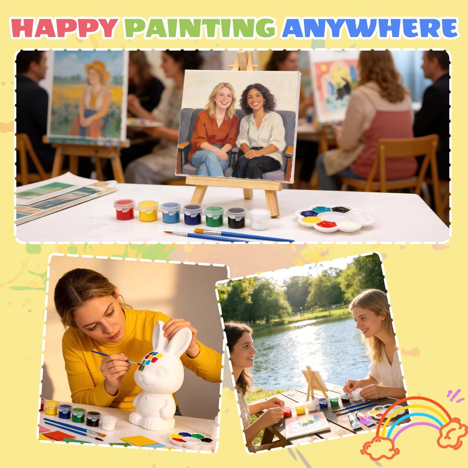 Unmasalu 18 Set Mini Acrylic Paint Kit,Comprising Stretch Canvas, Wooden Easel, Acrylic Paint Sticks, Palette, Flat and Round Pointed Brush, Art Set for Kids Classroom,Party, Festival Favors