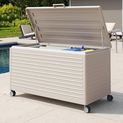 Miniatura 9 de MIRADOR Caja de almacenamiento para exteriores de 281 galones, impermeable, caja de cubierta de metal con ruedas para muebles de patio, herramientas