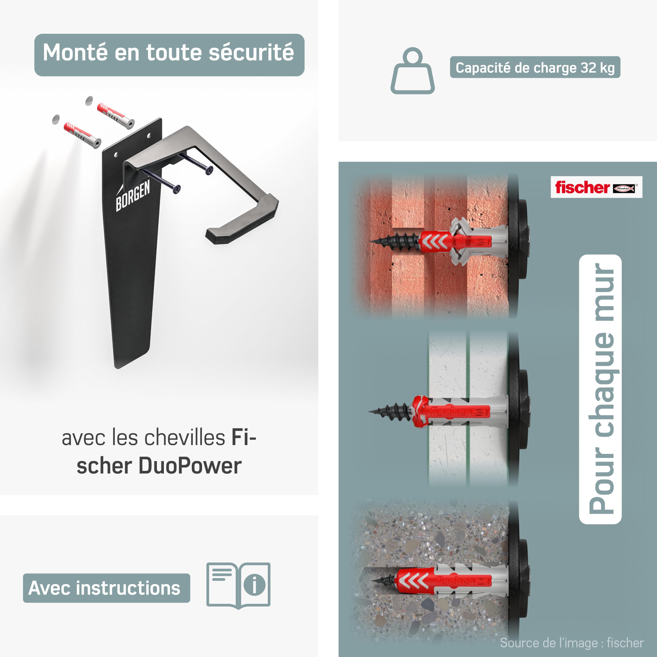 Support Mural pour vélos Borgen | Montage Vertical pour vélos électriques, VTT, vélo de Course en Noir Mat | Suspension de vélo pour Appartement et Garage avec Coussinets
