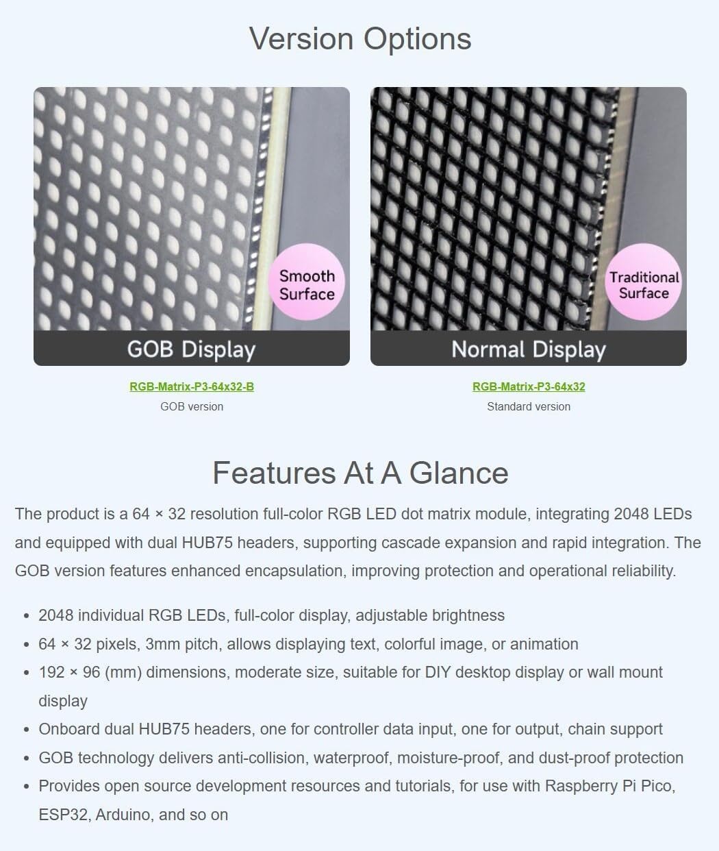 RGB Full-Color LED Matrix Panel, 3mm Pitch, 64 × 32 Pixels, Adjustable Brightness, Standard Version (RGB-Matrix-P3-64x32)