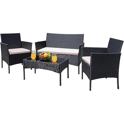 Greesum Patio Furniture 4 Pieces Conversation Sets Outdoor Wicker Rattan Chairs Garden Backyard Balcony Porch Poolside loveseat with Cushion and Glass Table, Black and Beige