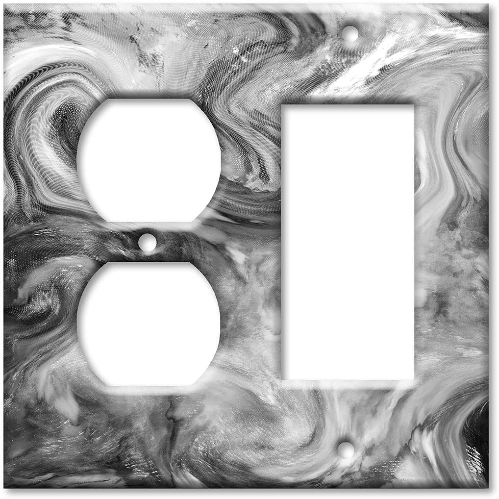 Art Plates - 2-Gang Combination Switch Plate - Outlet - Rocker - Grey Swirl Marble - Granite Print - Made in USA