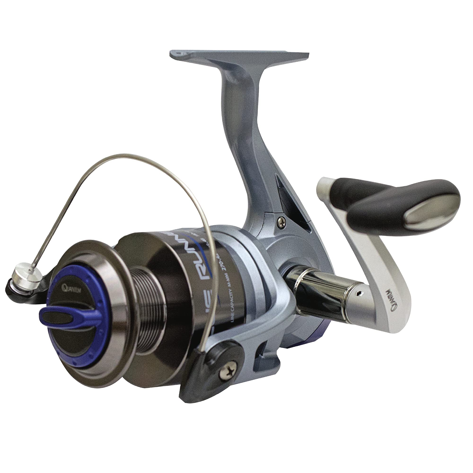 Quantum Blue Runner Spinning Fishing Reel, Size 80 Reel, Changeable Right- or Left-Hand Retrieve, Lightweight Composite Body, TRU Balance Rotor, 4.1:1 Gear Ratio, Blue, Clam Packaging