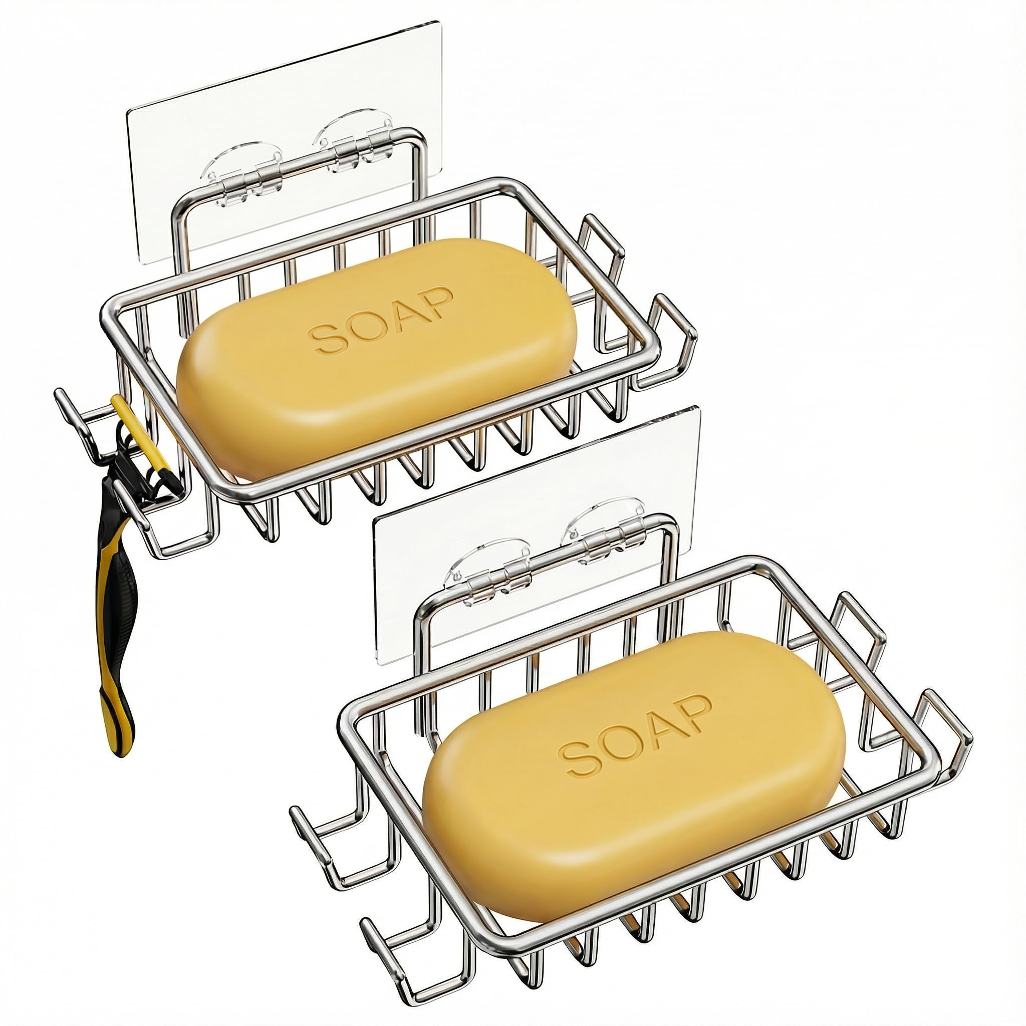 Shower Soap Holder, Bar Soap Holder for Shower Wall with 4 Hooks, Stainless Steel Adhesive Soaps Dish for Bathroom, Silver