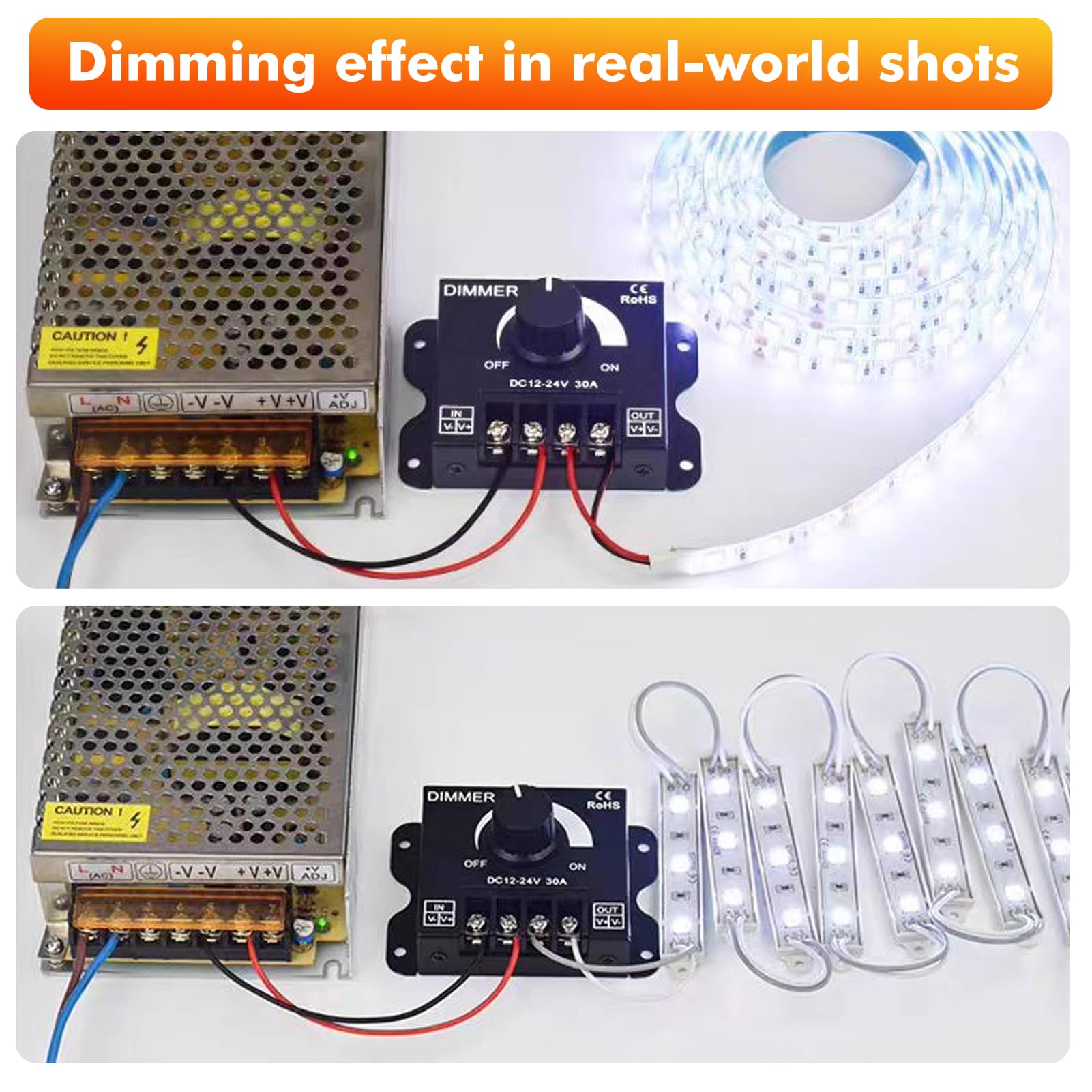 Controlador dimmer led DC12V-24V 30A PWM Dimming interruptor regulador de intensidad led con mando giratorio de ajuste de brillo Apto para tiras de luces LED