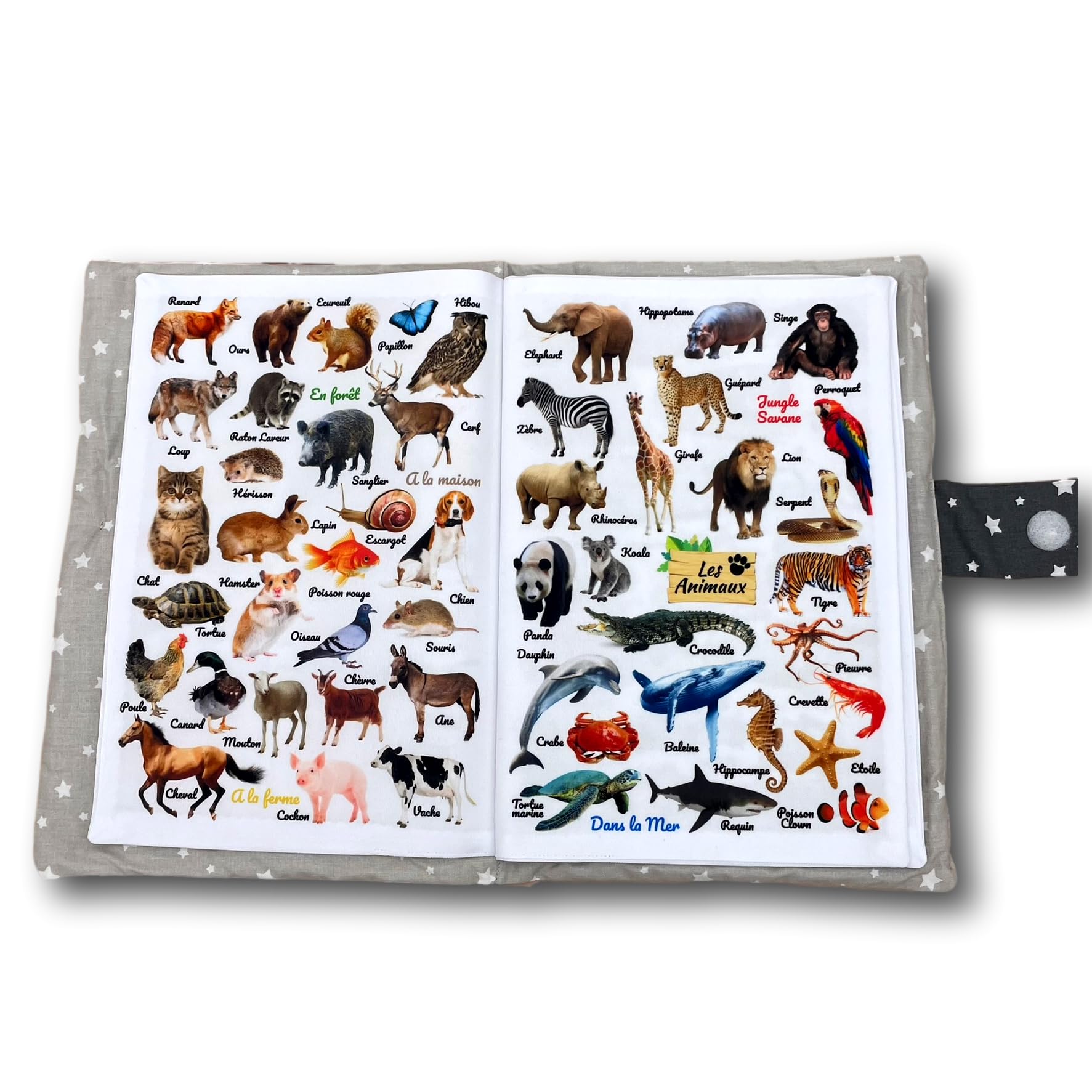 Livre d'éveil éducatif en tissu imagier photo Format A4 couverture étoiles, thèmes animaux, repas, véhicules, couleurs et mots
