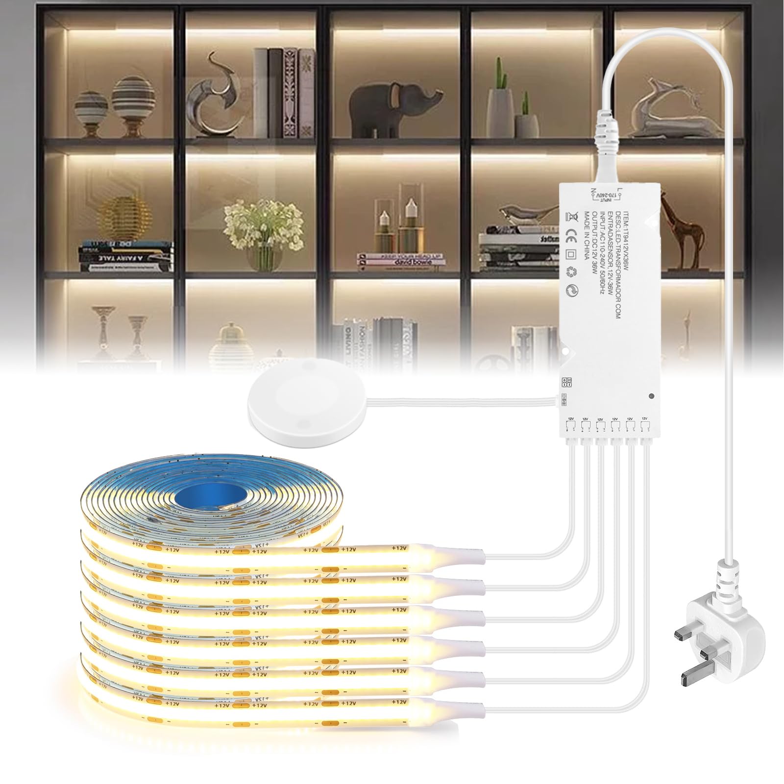 YGYCOBST 6 Roll 2M/6.6ft Warmwhite COB LED Strip Kit, 12V LED Strip Light with Hide Touch and Hand Sweep Dimmer Switch Kit for Cabinet Acoustic Panel Home Decoration Lighting