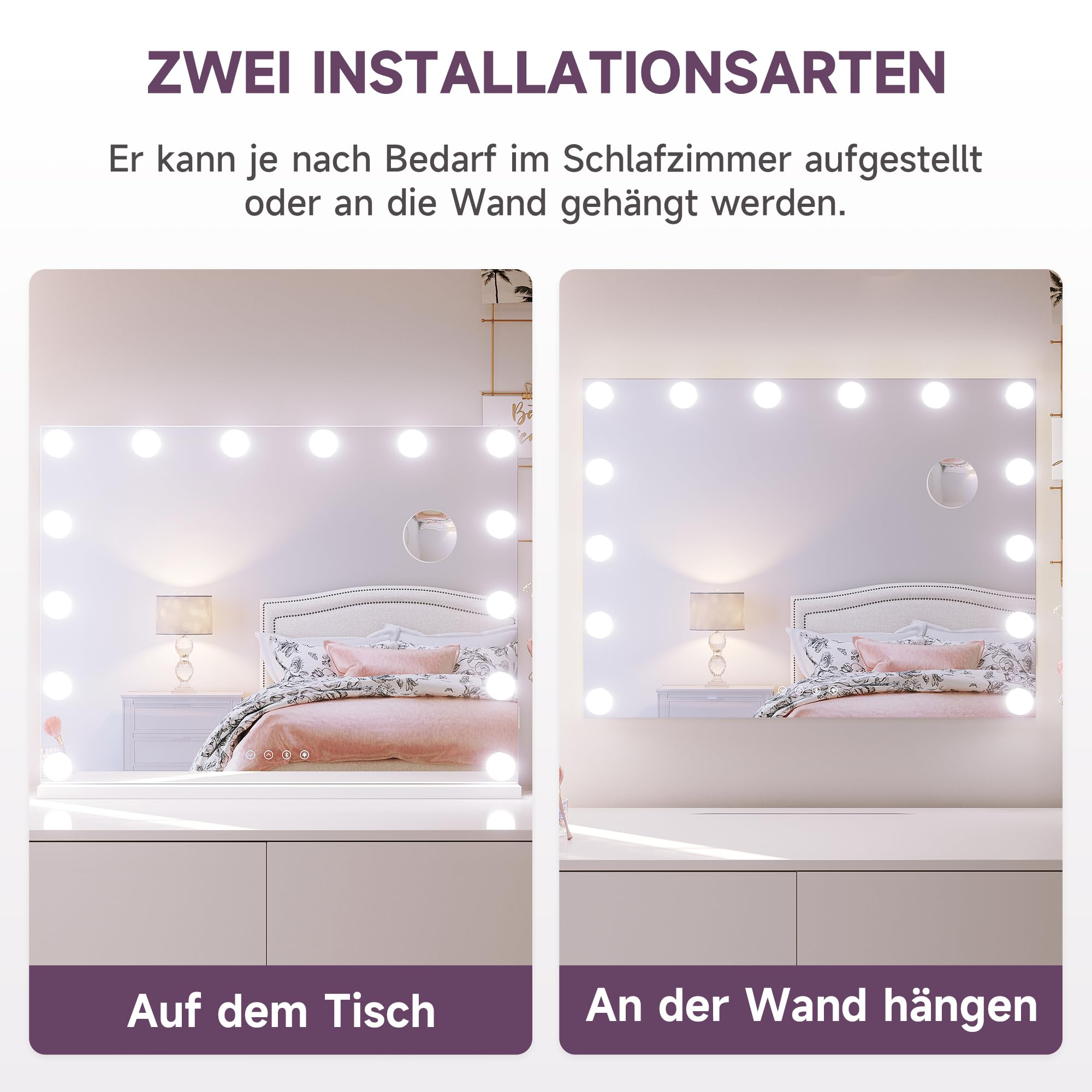 SONNI Specchio Hollywood con illuminazione, 80 x 60 cm, specchio da trucco con Bluetooth e porta di ricarica USB, 14 lampade LED, grande specchio cosmetico con 3 temperature di colore e lente