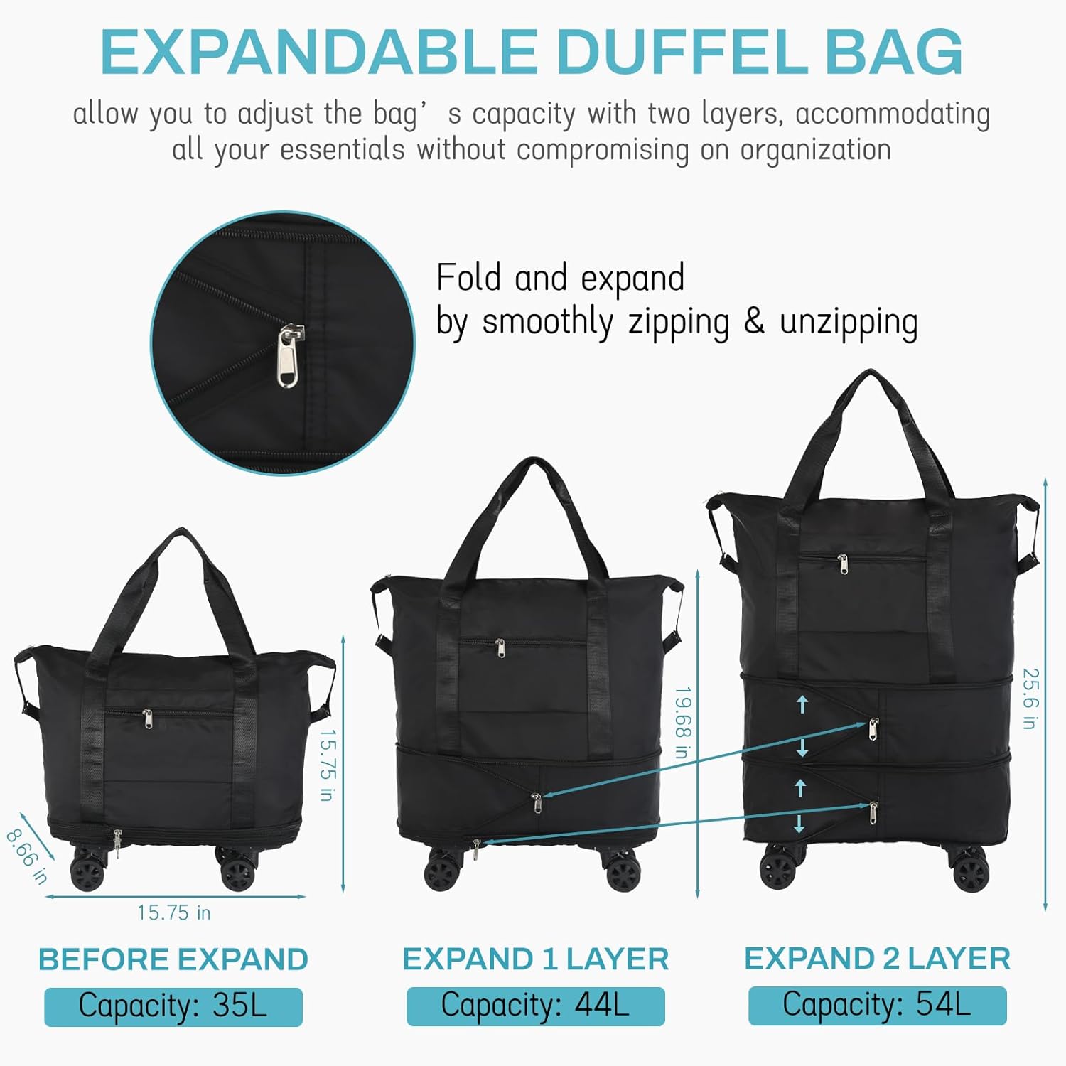 VOOWO Rolling Duffle Bag with Wheels, Expandable Foldable Duffel Bag with Wheels for Travel, Rolling Luggage Carry on Duffel Bag, Wheeled Travel Duffle Bag, Large Weekend Bag for Women & Men - Image 2