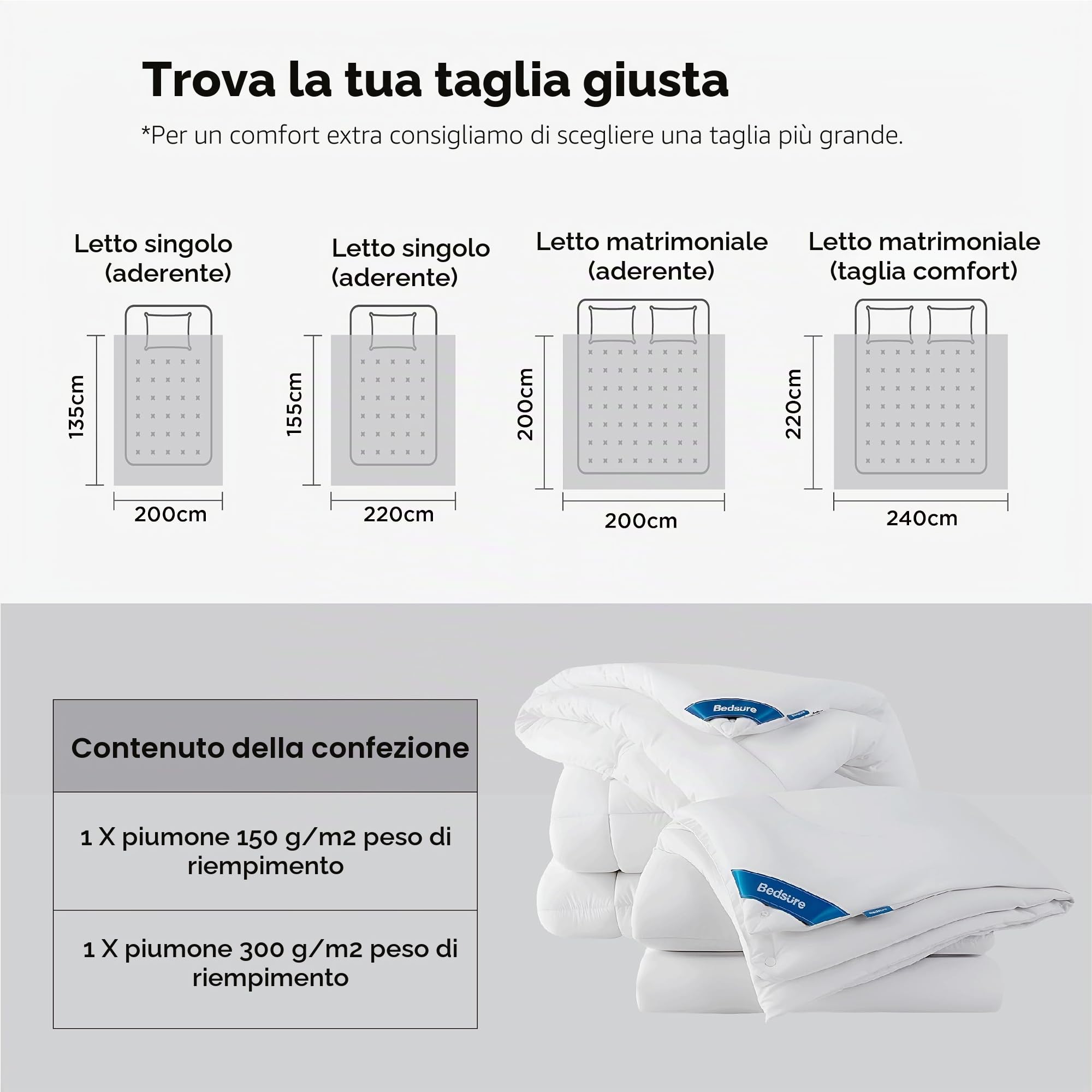Bedsure Piumino Singolo 4 Stagioni 155x220cm - Piumone 2 in 1 Letto Matrimoniale 155 x 220, Trapunta Bianca in Microfibra Sintetica