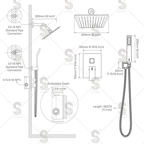Miniatura 6 de SR SUN RISE Sistema de ducha - Juego de grifo de ducha con cabezal de ducha de lluvia de 8 pulgadas y ducha de mano - Sistema de ducha de lluvia de