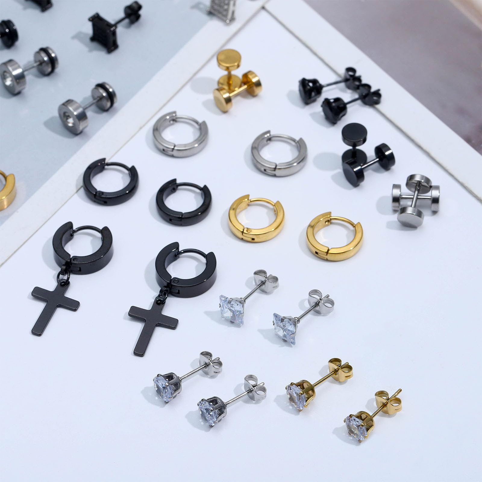 NEWITIN 24 Pairs Stainless Steel Earrings for Men Hypoallergenic Inlaid Cubic Zirconia Studs Hoop Earring Cross Dangle Earrings Unisex Punk Stud Earring for Women Men