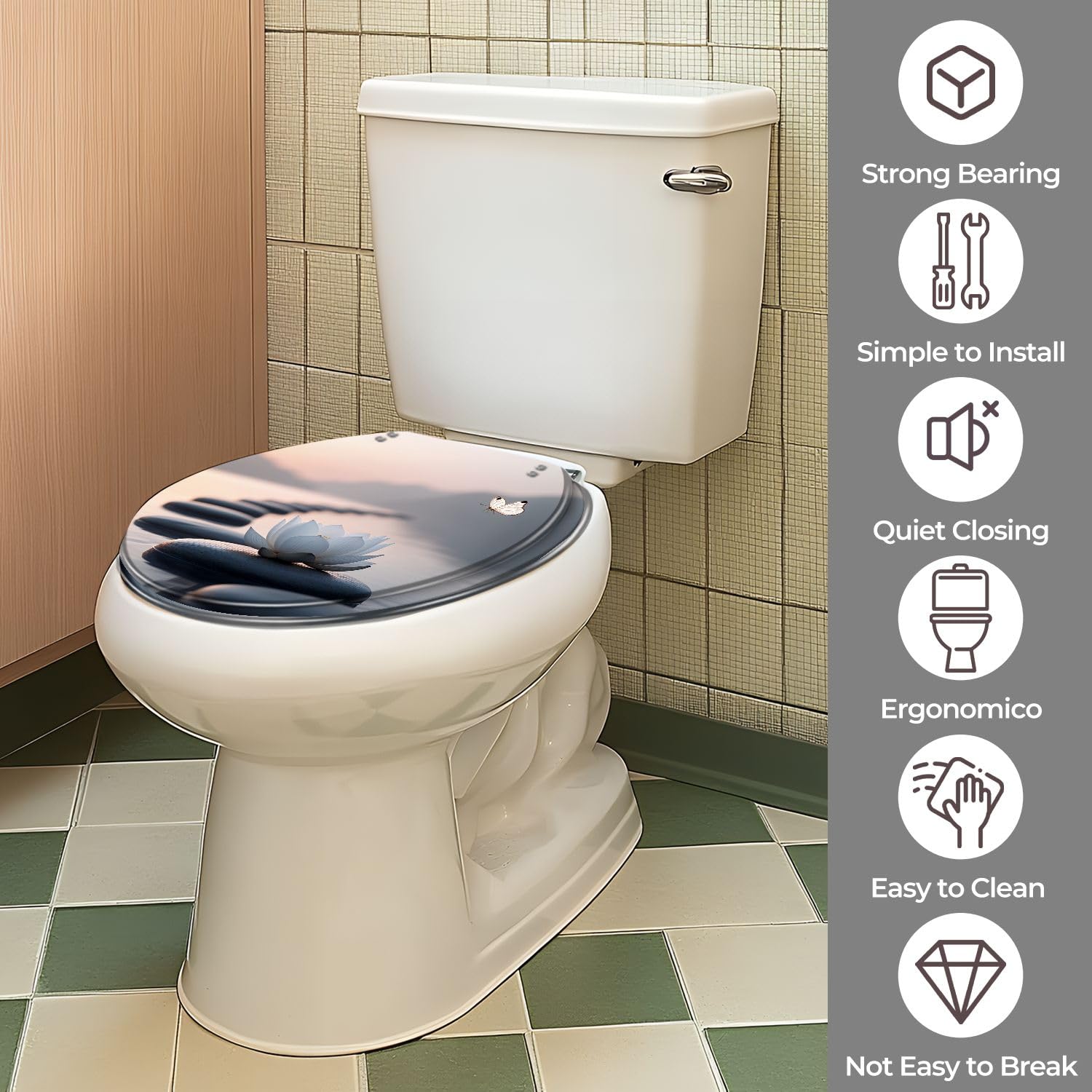 Asiento de inodoro redondo DecoSeat, bisagras de cierre suave, para baño