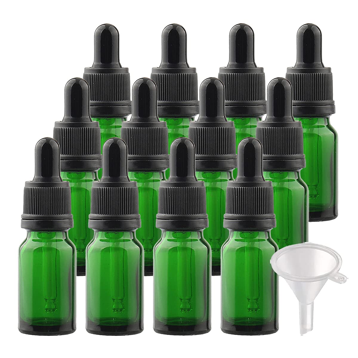 24 Stück 10ml Grün Glas Pipettenflasche, Leere Kleine Glasflasche mit Pipette Originalitätsverschluss, Glaspipette Tropfflasche für ätherische Öle Aromatherapie + 2x Trichter