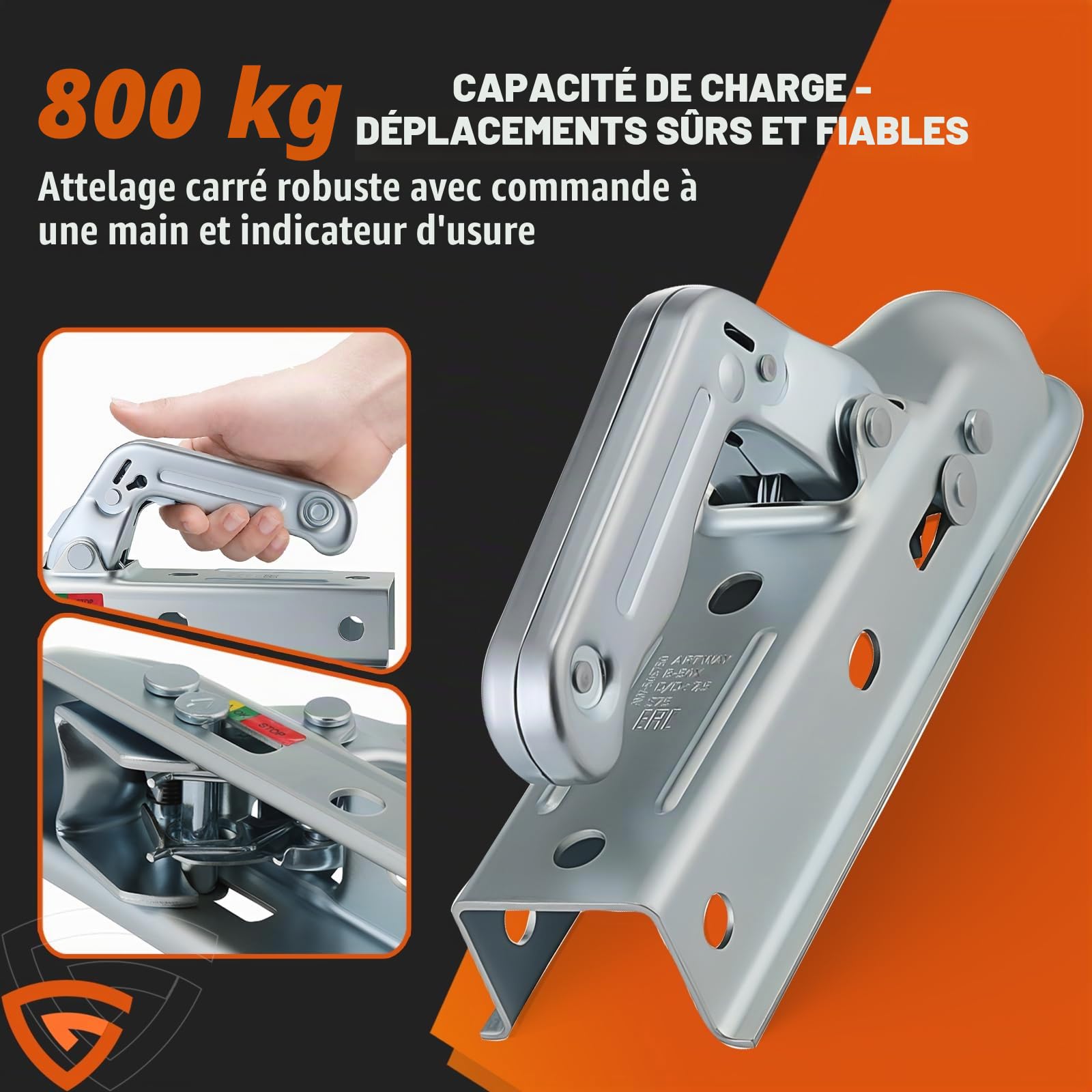 GEARMONSTER Attache de remorque 800 kg, tête d'attelage carrée, 50 mm, boule universelle, attelage de remorque WW8-G