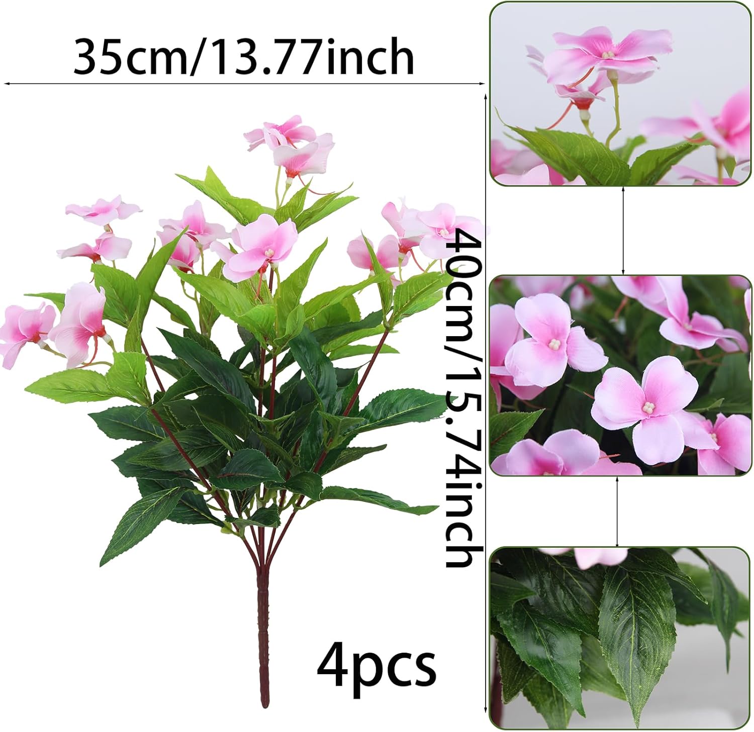 4 Pcs Artificial Flowers Outdoor Impatiens UV Resistant Silk Impatiens Flowers Pink Faux Flowers Impatiens Bushes Artificial Impatiens for Pot Patio Lawn Garden Hanging Basket Porch Decor - Image 2