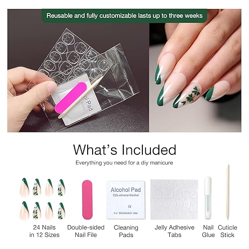 Miniatura 5 de SAGEBIO 24 uñas postizas a presión, uñas postizas de punta francesa, uñas acrílicas de cobertura completa para mujeres, salón de uñas, arte de