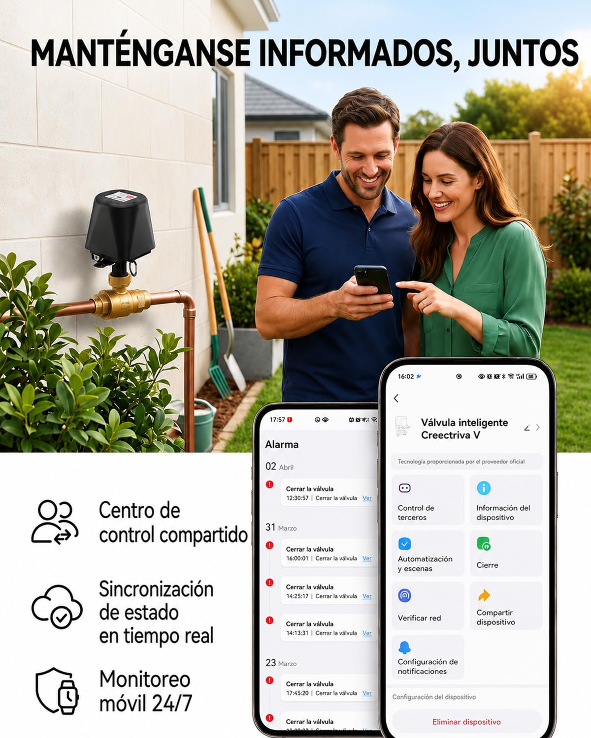 Válvula de Agua Inteligente WiFi, Válvula de Bola Motorizada, Control Remoto por App, Apto con Alexa y Google Home, para Jardín, Invernaderos e Hidroponía, Control de Flujo de Agualatón, Latón, 3/4"