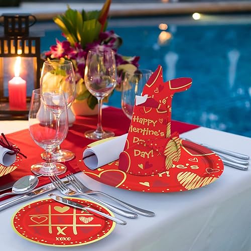 Miniatura 5 de Gatherfun Suministros para fiesta del día de San Valentín, platos de papel desechables con corazón rojo, servilletas para el día de San Valentín,