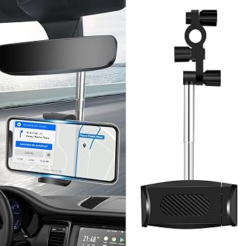 Pack-1 Car Rearview Mirror Mobile Phone Holder, 360 Degrees Rotation Without Blocking Line of Sight Navigation Base, Retractable Bracket Rod Accessory, for Most Car Models Black