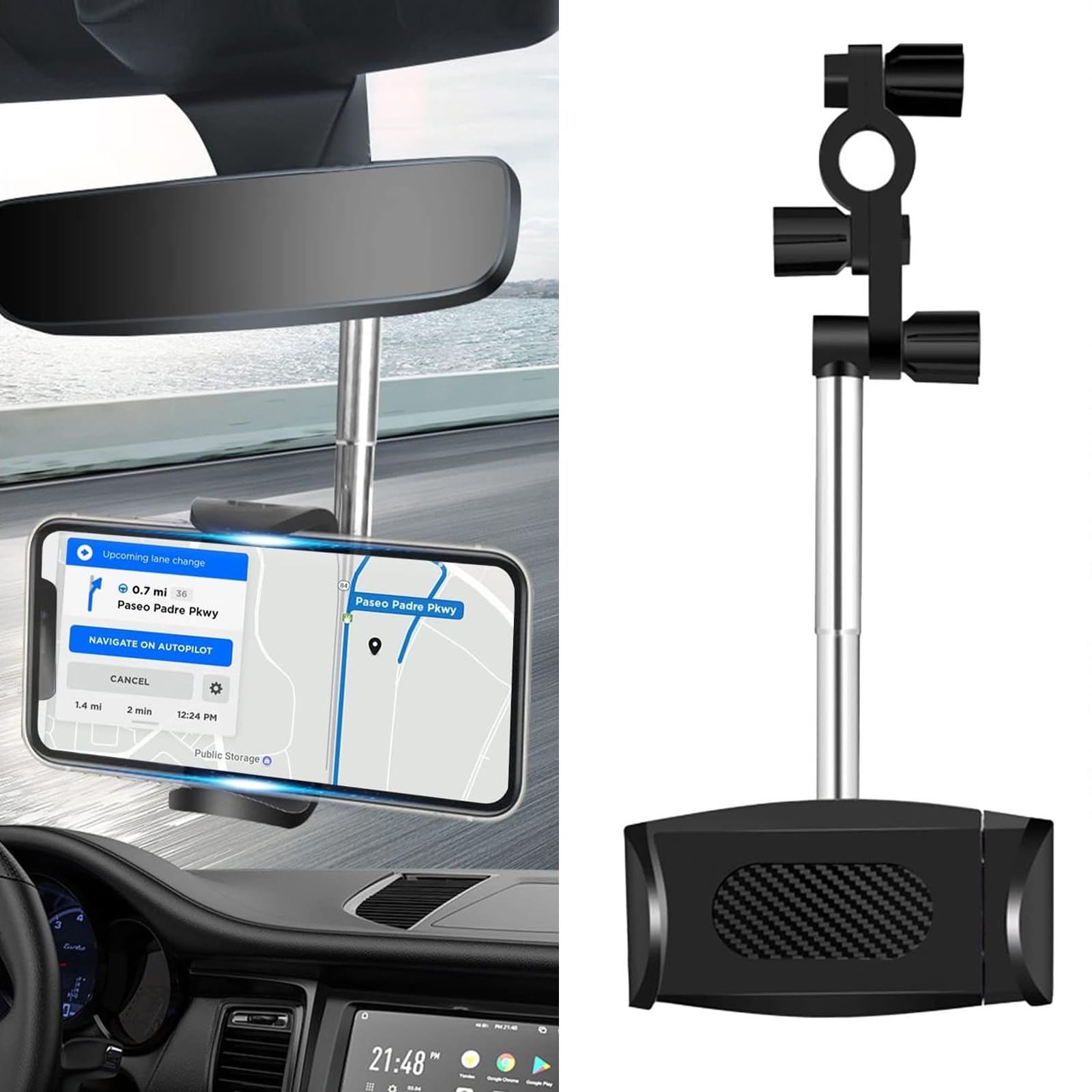 Yumfugu Pack-1 Car Rearview Mirror Mobile Phone Holder, 360 Degrees Rotation Without Blocking Line of Sight Navigation Base, Retractable Bracket Rod