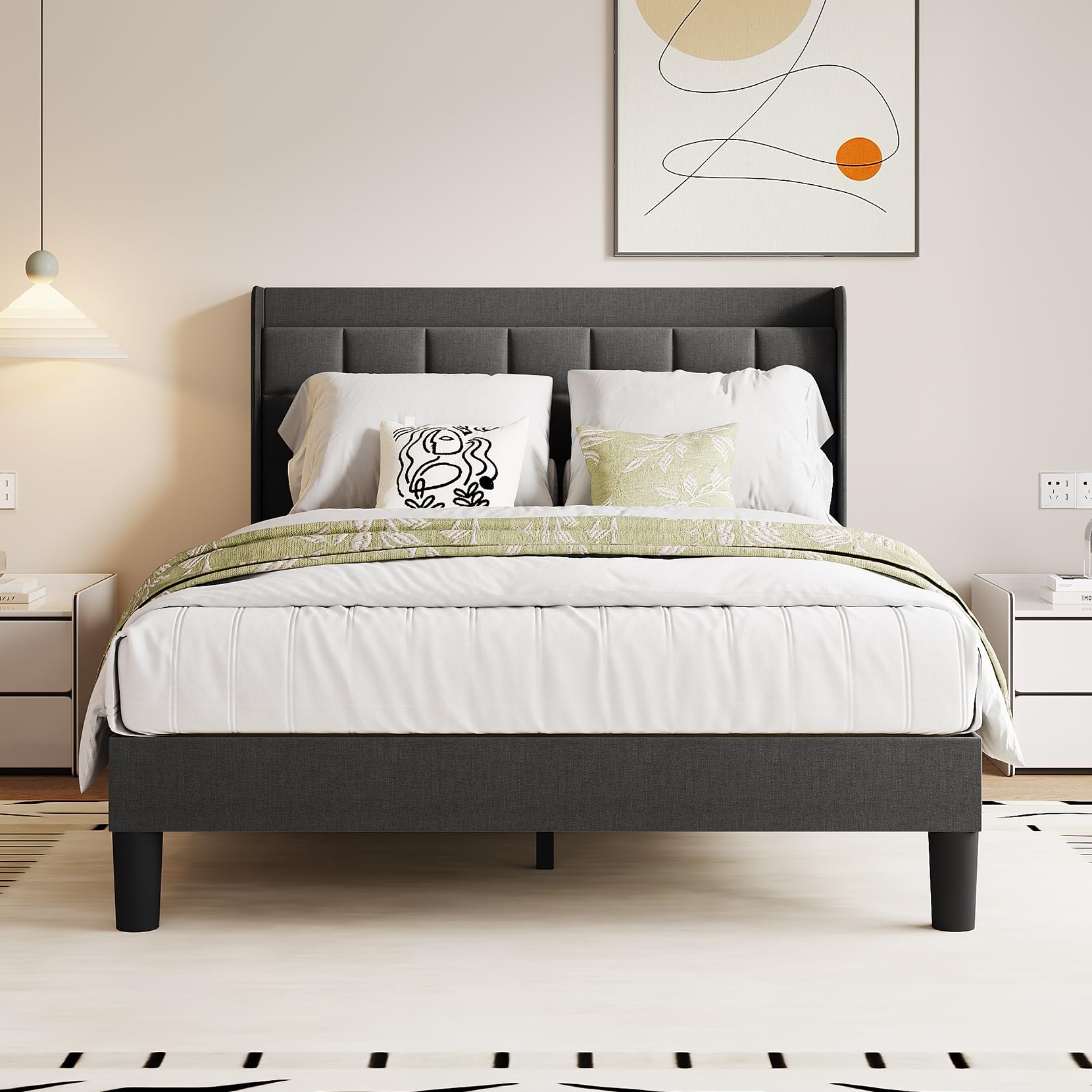 TOTEBOX Double Bed Frame with Charging Station and Adjustable Linen Headboard, Under Bed Stoarge, 12PCS Wood Slats for Bedroom, No Box Spring Needed Dark grey, 135 x 190