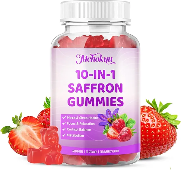 Saffron Supplements Gummies for Kids & Adults Vision, Zzz, Focus & Cortisol with Ashwagandha, L-Theanine, Rhodiola Rosea, St.John's Wort, Lemon Balm, Vitamin D3, B6, Magnesium & Zinc, Strawberry, 60Ct