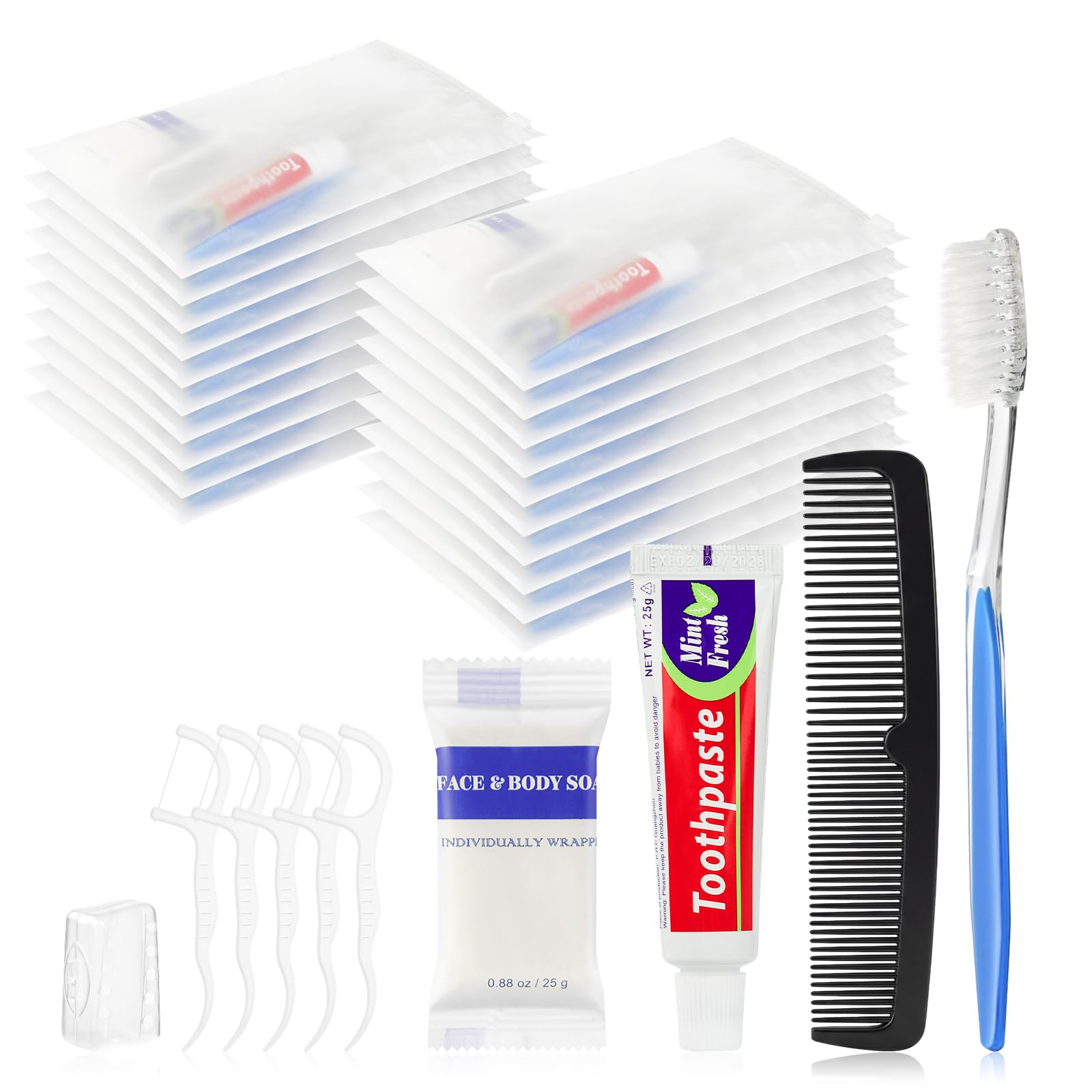 Artículos de aseo desechables, kits de artículos de tocador de tamaño de viaje, suministros de higiene personal para personas sin hogar, artículos esenciales de cuidado envueltos individualmente para