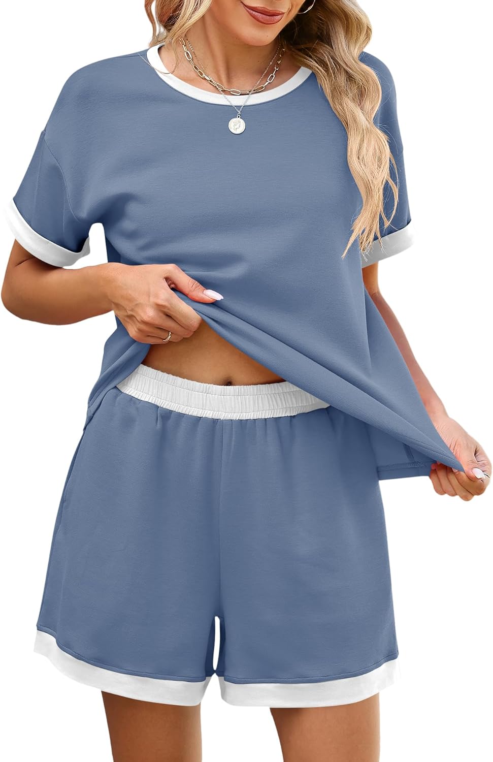 Blingfit Womens 2 Piece Lounge Set Short Sleeve Summer Vacation Outfits Casual Matching Sets Soft Shorts with Pockets - Image 6