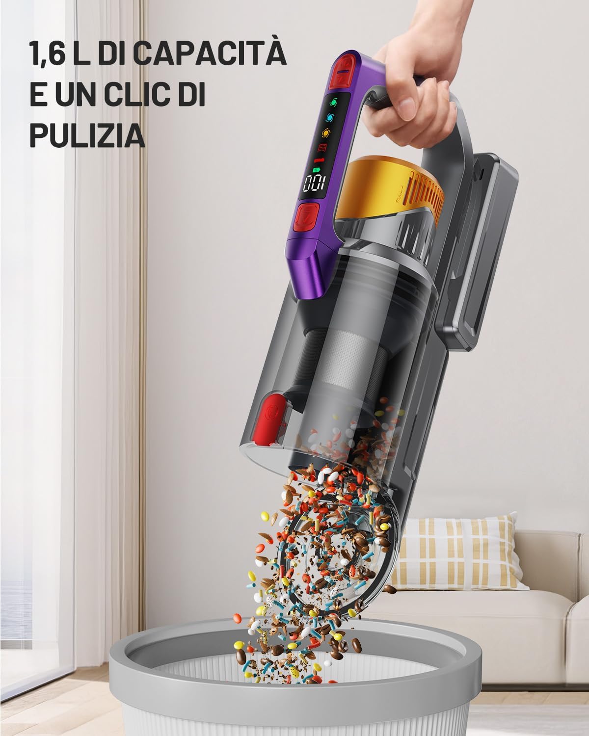 Aspirapolvere Senza Fili, 600W/48KPA 75 Mins,Scopa Elettrica Senza Fili a Doppia Impugnatura, Aspirapolvere Verticale Antigroviglio con Display a LED, Altamente Adatto per Tappeti/Pavimenti/Capelli