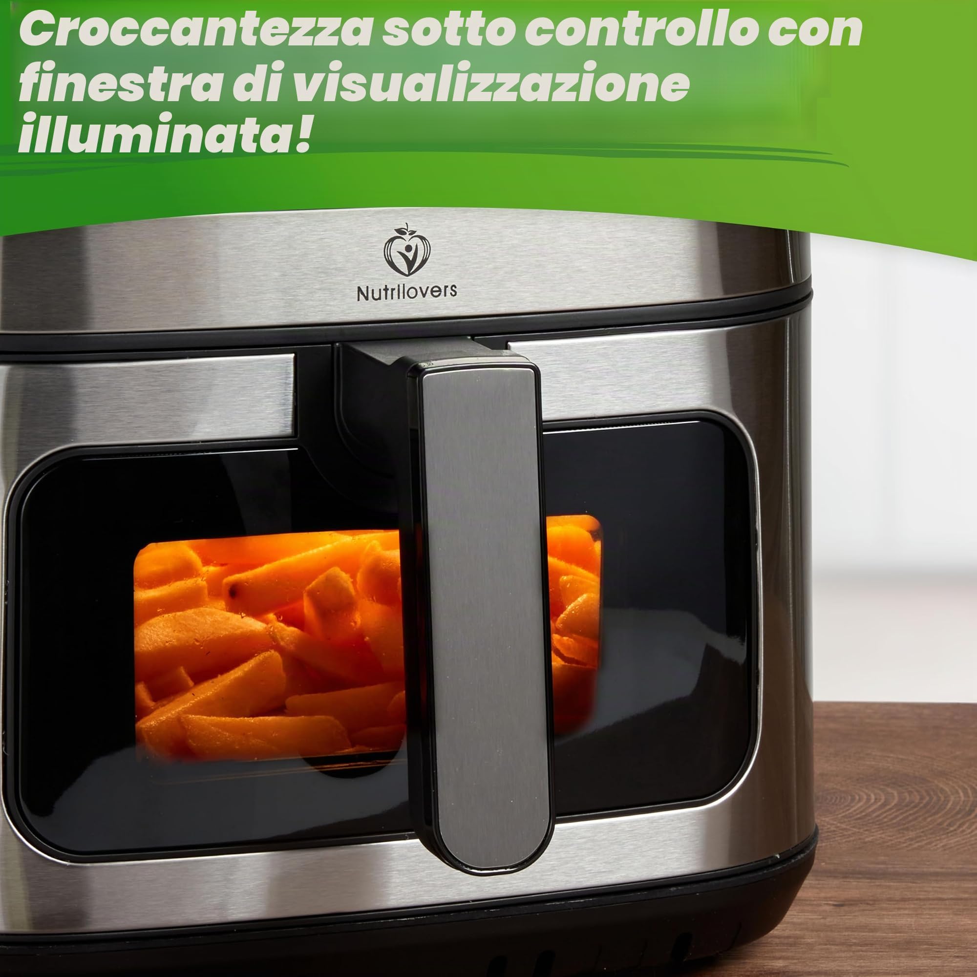 Nutrilovers NUTRI-FRYER - Friggitrice ad aria calda in acciaio inox, XXL, 8 l, 2000 W, con display touch a LED, tecnologia Double Heating, finestra di visualizzazione, patatine a basso contenuto di