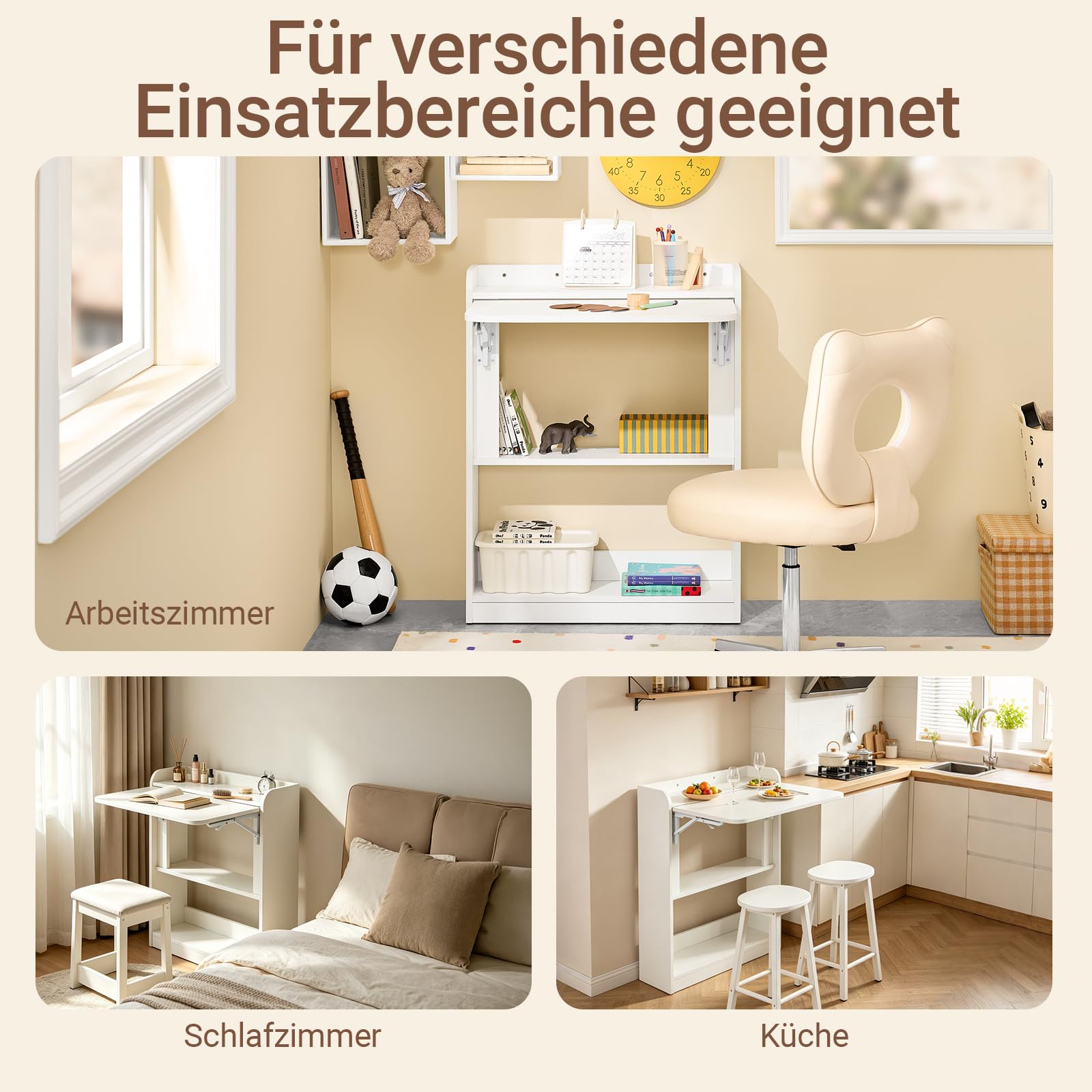 SoBuy Schreibtisch Klappbar mit 3 Ablagen Platzsparend 64x82x58cm Büro | Kleiner Schreibtisch mit Regal, Klapptisch mit 3 Ablagen für Platzsparendes Arbeiten, Wandtisch Weiß, FWT92-W