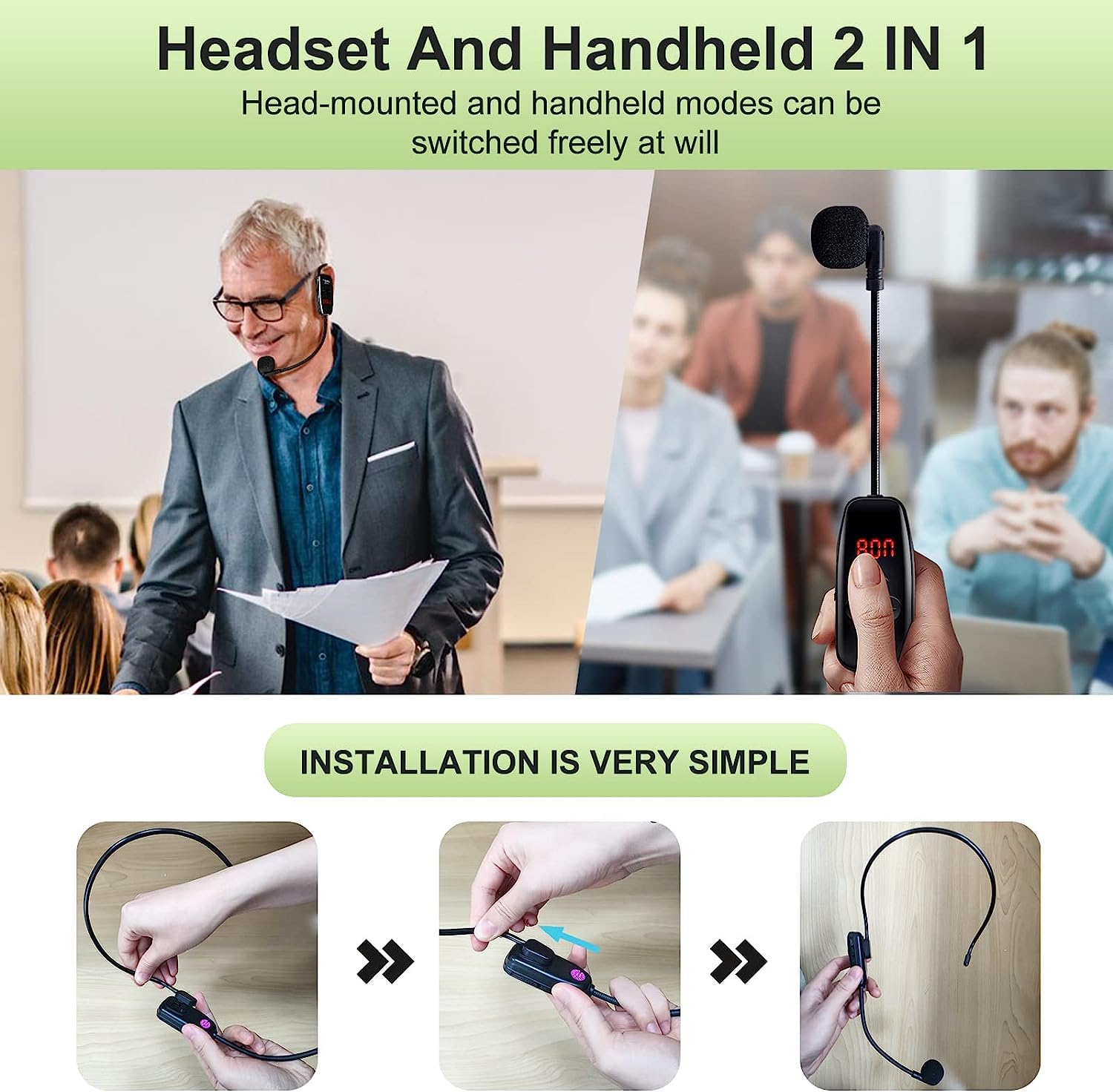 Microfono Senza Fili,Microfono ad Archetto Wireless,UHF Wireless Doppio Microphone con Display Digitale a LED,per Guida Turistica/Insegnamento/Promozione/Discorso