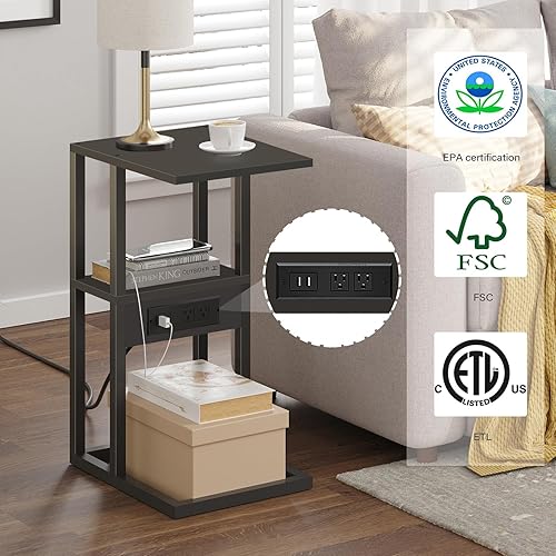 Miniatura 4 de TUTOTAK Mesa auxiliar en forma de C, mesa auxiliar de mesa C con estación de carga, mesa de sofá para espacios pequeños, mesa auxiliar de sofá para
