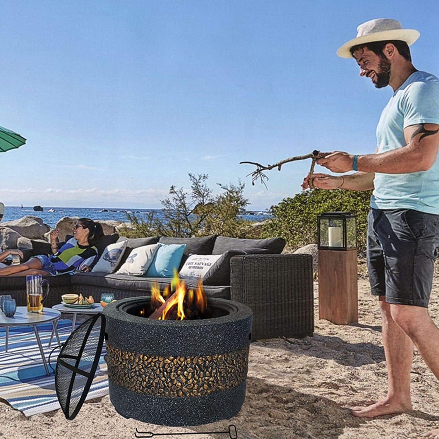 Hoguera de Jardín Patio Trasero Patio Chimenea de Jardín Fuego Redondo de Hormigón Y Leña 3 En 1 Con Parrilla Chimenea de Rejilla para Fogata Barbacoa En La Naturaleza
