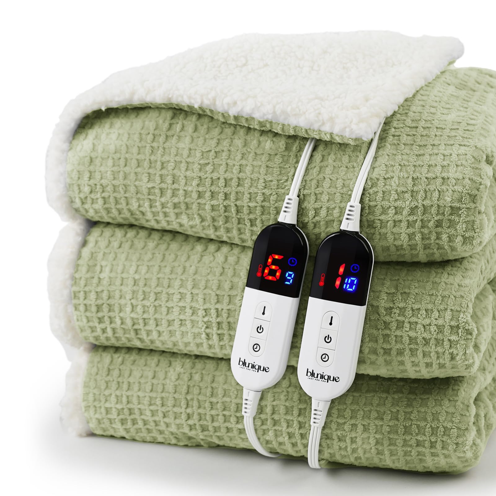 blunique Heated Blanket Electric Blanket Queen Waffle, 84x90 Inches Dual Controllers Sherpa Fleece Fast Heating Blanket 6 Heating Levels & 10 Hours Auto Off ETL Certification, Sage Queen