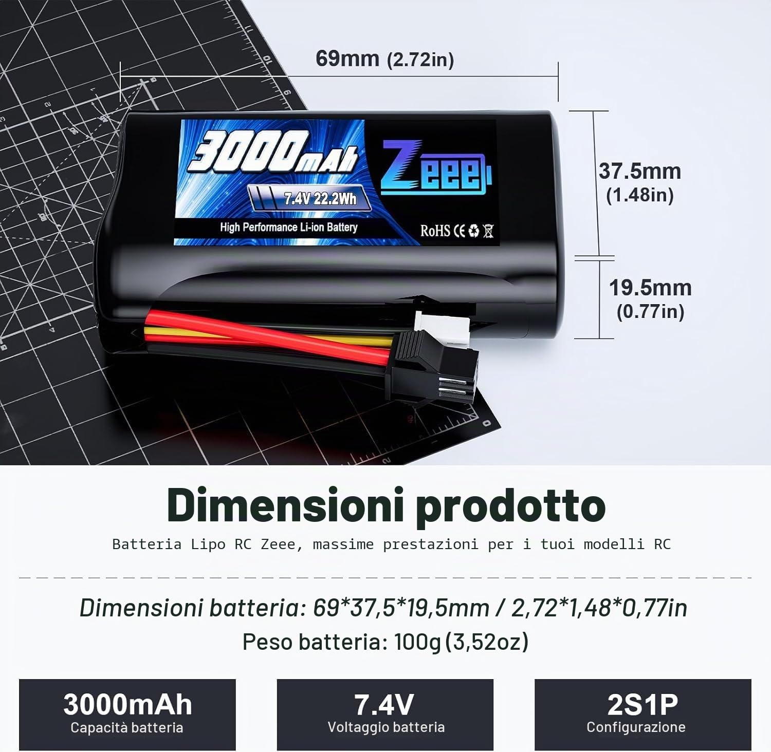 Zeee 2S Li-Ion Batteria 7,4V 3000mAh con spina SM 2P, Batteria RC ricaricabile compatibile con auto RC WPL MN, barche RC, camion RC (2 pezzi)