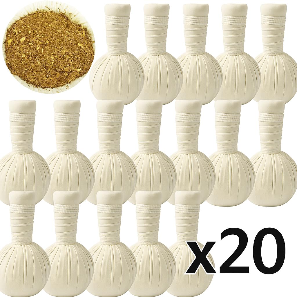 Lot de 20 Pochons de Massage Thaï 100g | Herbes Ayurvédiques Naturelles | Compresses Chauffantes Relaxantes | Soulagement Musculaire & Anti-Stress | Spa Maison & Professionnel