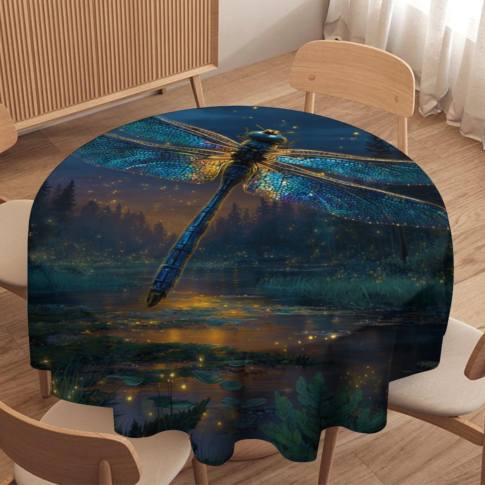 LUYYSKY Colorful Classic Glitter Dragonfly Waterproof Round Tablecloth Retro Fantasy Forest Night Animal Dragonflies Pattern Washable Table Cover for Kitchen-152.4" Wx152.4 L cm