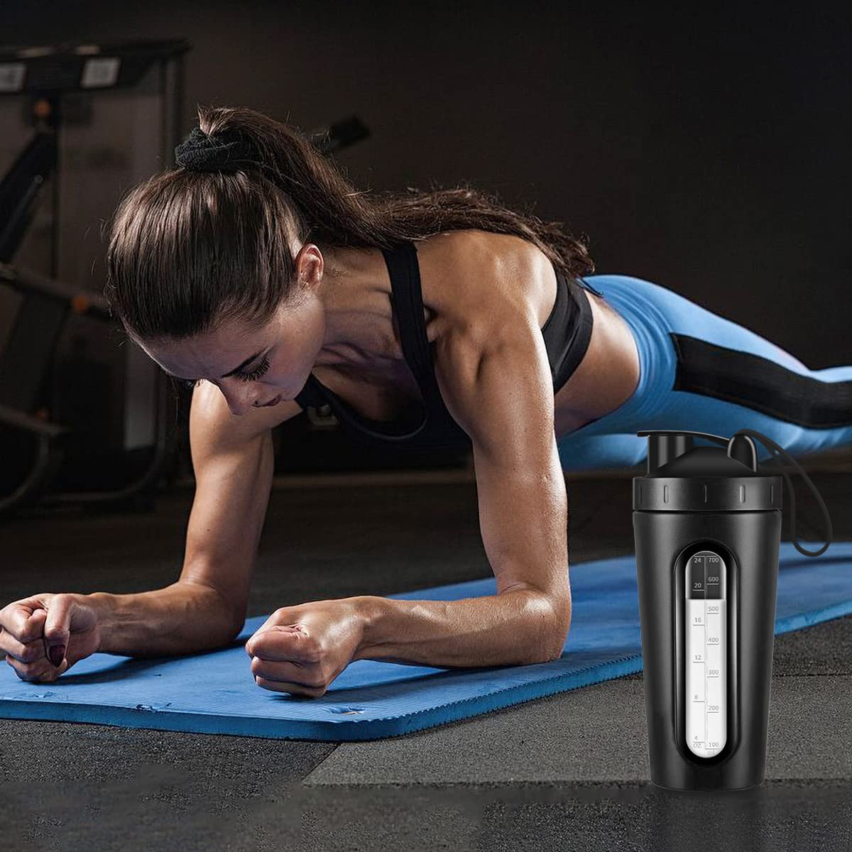 Protein-Shaker-Flasche, 793.8 g Shaker-Flaschen für Proteinmischungen und Pre-Workout, Sichtbares Fenster, Edelstahl-Shaker-Flasche auslaufsicher (schwarz)